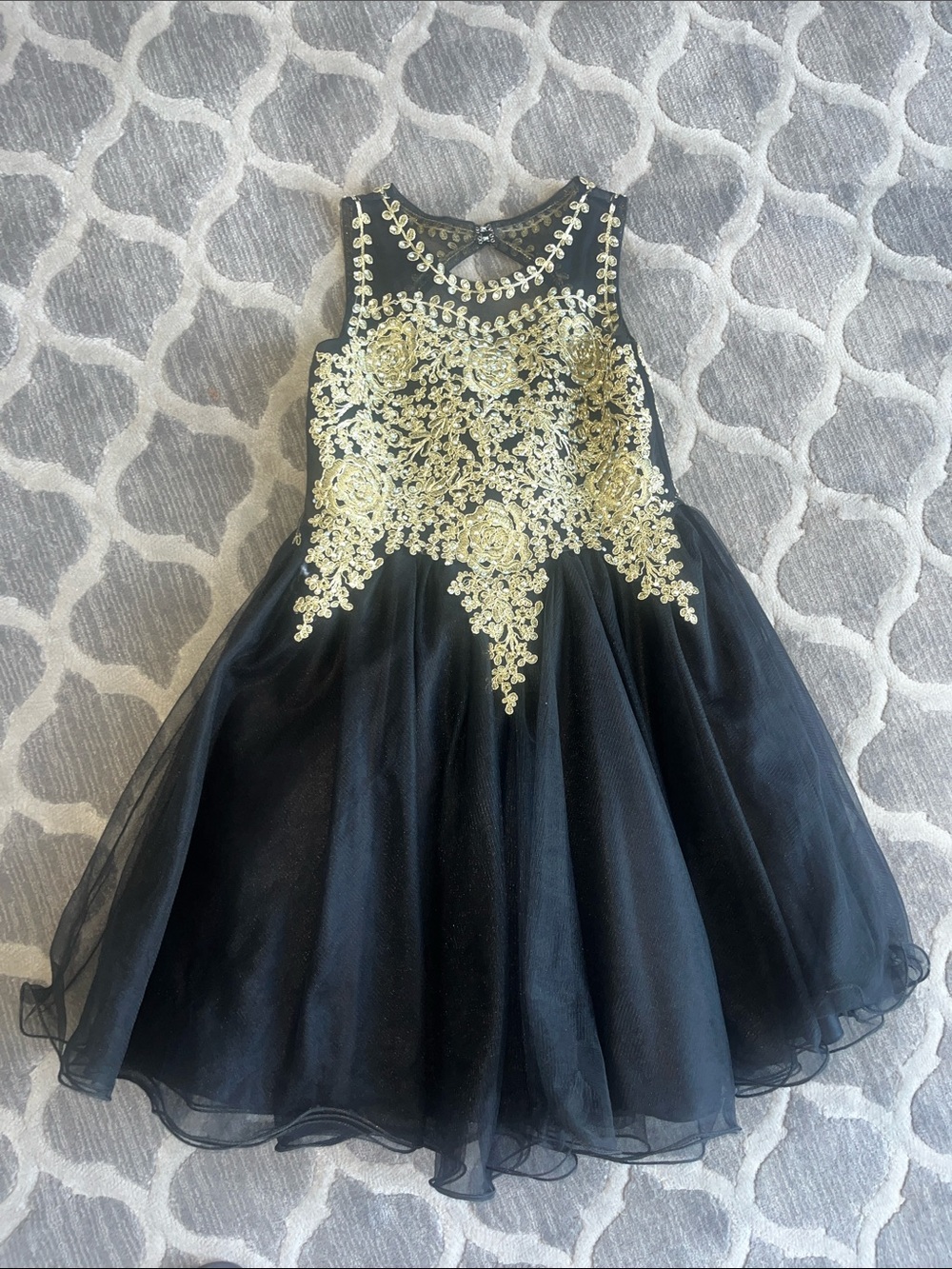 lola Black and Gold Floral Applique Tulle Dress